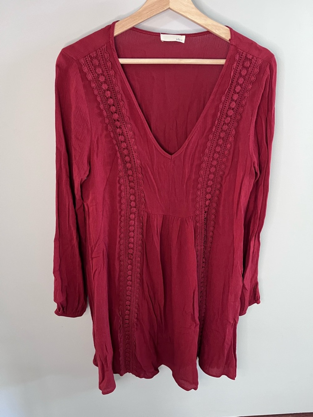 Jella C Women Burgundy‎ Crochet Lace Trim V-Neck Long Sleeve Tunic Top Large